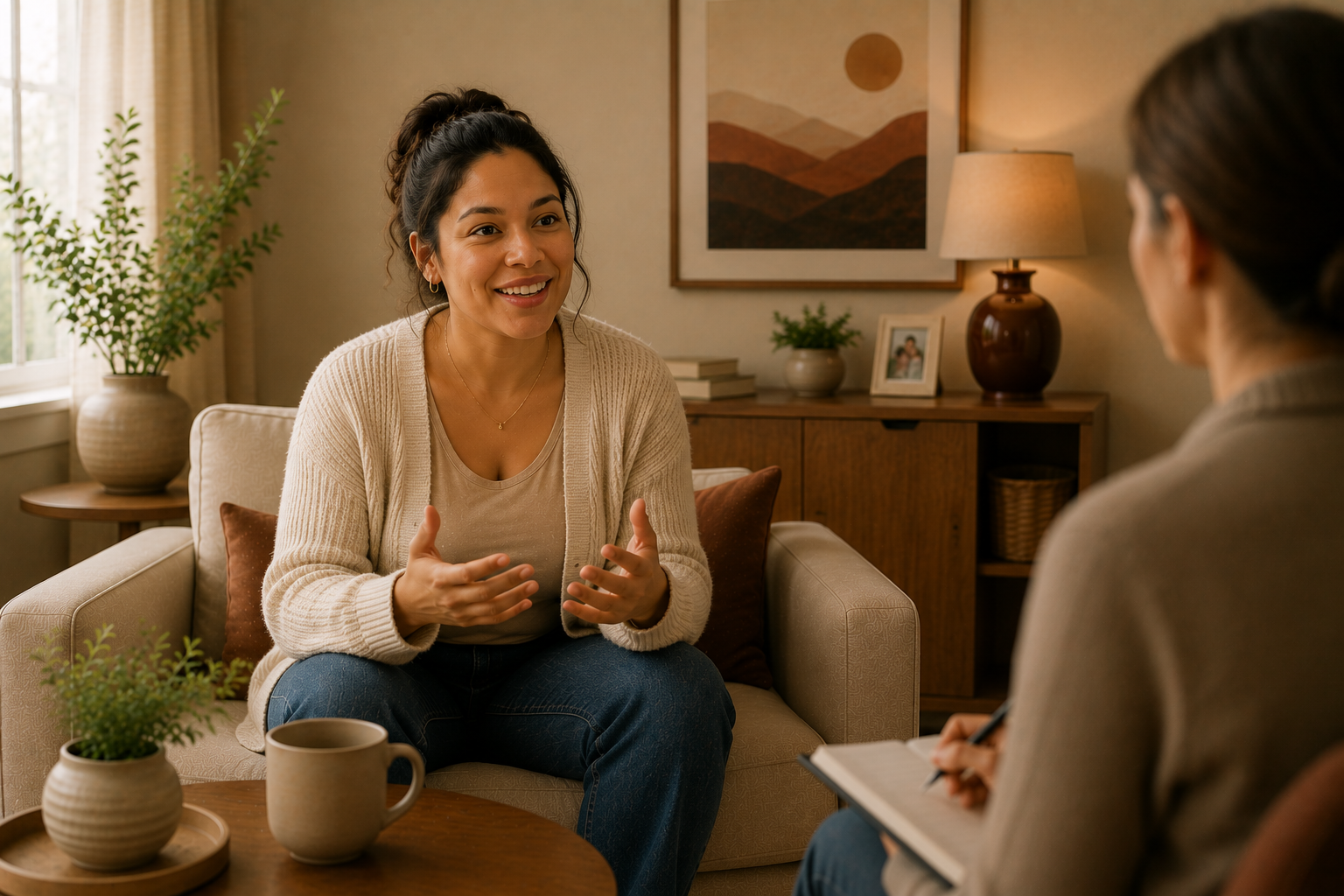 A woman in beige sweater talking and smiling during a therapy session with a counselor taking notes in a notebook, in a cozy living room with a couch, potted plant, wall art, and lamp.