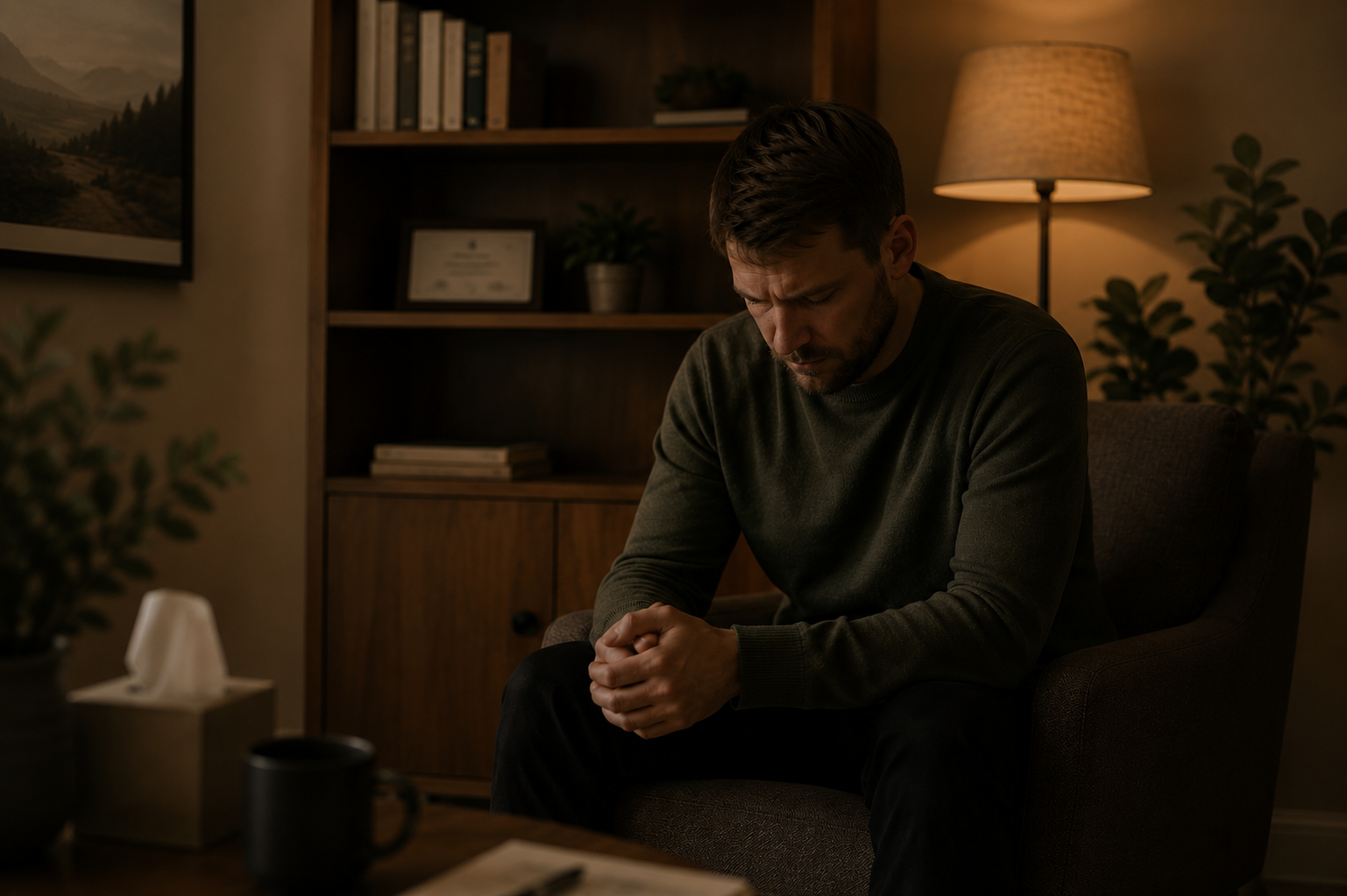 A man sitting in a dimly lit room with a pained or contemplative expression, hands clasped, wearing a dark long-sleeve shirt, surrounded by warm lighting, with a bookshelf, framed certificate, and a lamp in the background.