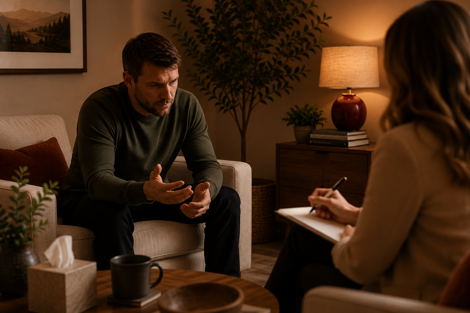 Man in a green sweater talking during therapy session with a woman taking notes in a cozy, warmly lit living room.