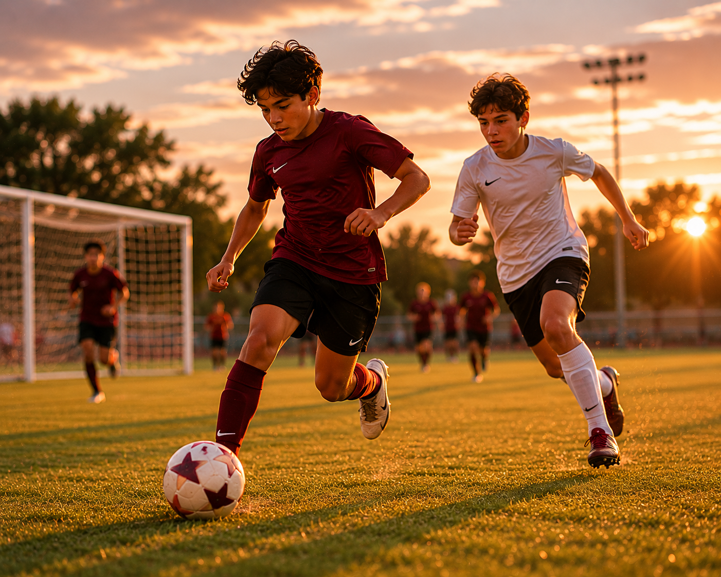 Two young boys playing soccer on a field during sunset, with other players in the background and a goalpost to the left.