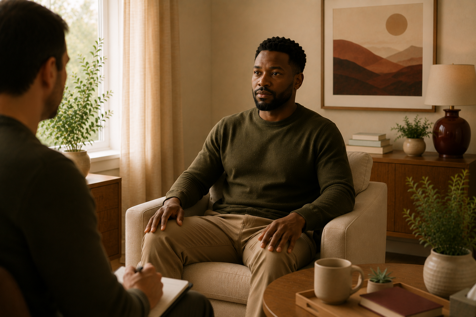 Man attending a therapy session in a cozy room with artwork and plants, sitting on a beige armchair.