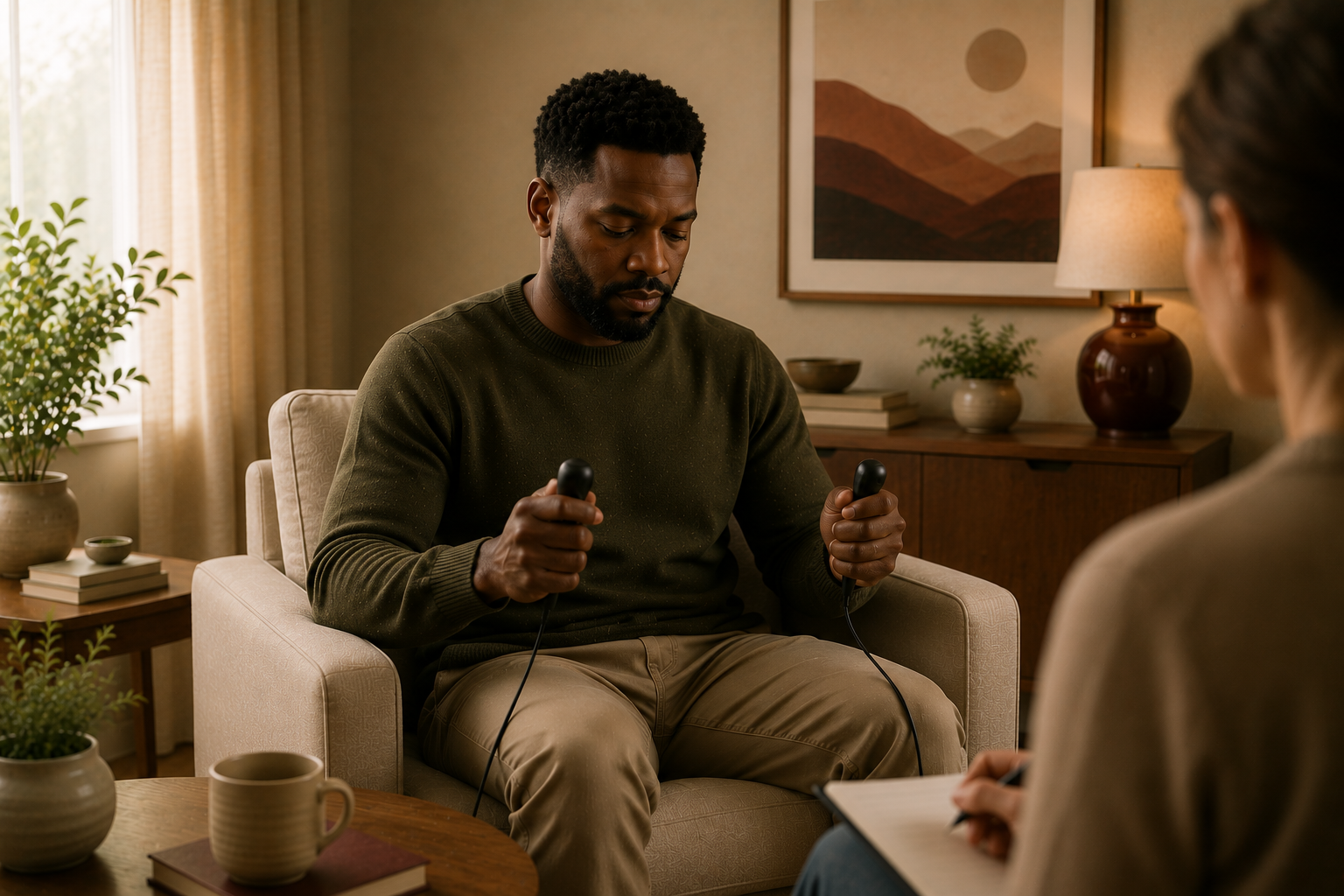 Man sitting in a therapy session holding stress balls, talking to a therapist taking notes, in a cozy, well-decorated room.