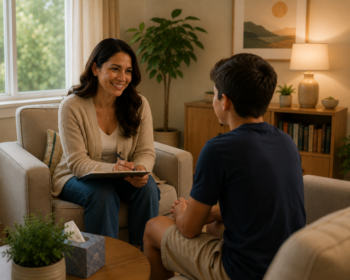 A woman and a young man having a conversation in a cozy living room. The woman is smiling and holding a clipboard, sitting on a sofa, while the young man sits across from her. The room has warm lighting, a large window, and decorative plants.