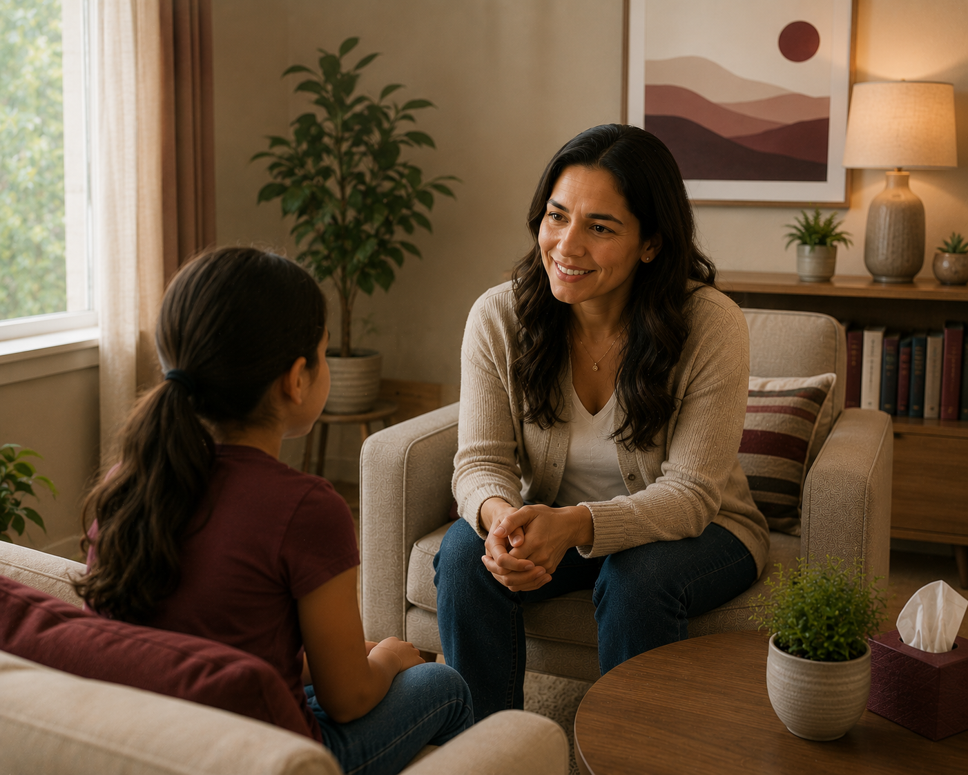 A woman and a girl sitting and talking in a cozy living room