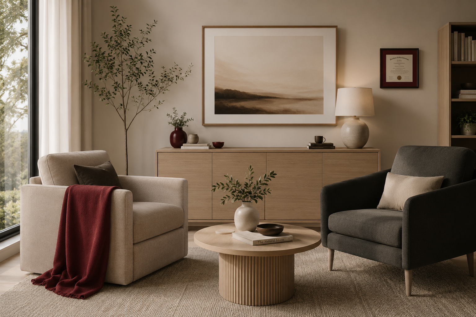 Cozy living room with neutral-toned furniture, a round coffee table with decorative items, a sideboard with vases and a lamp, large framed landscape artwork, window with curtains, and a bookshelf.