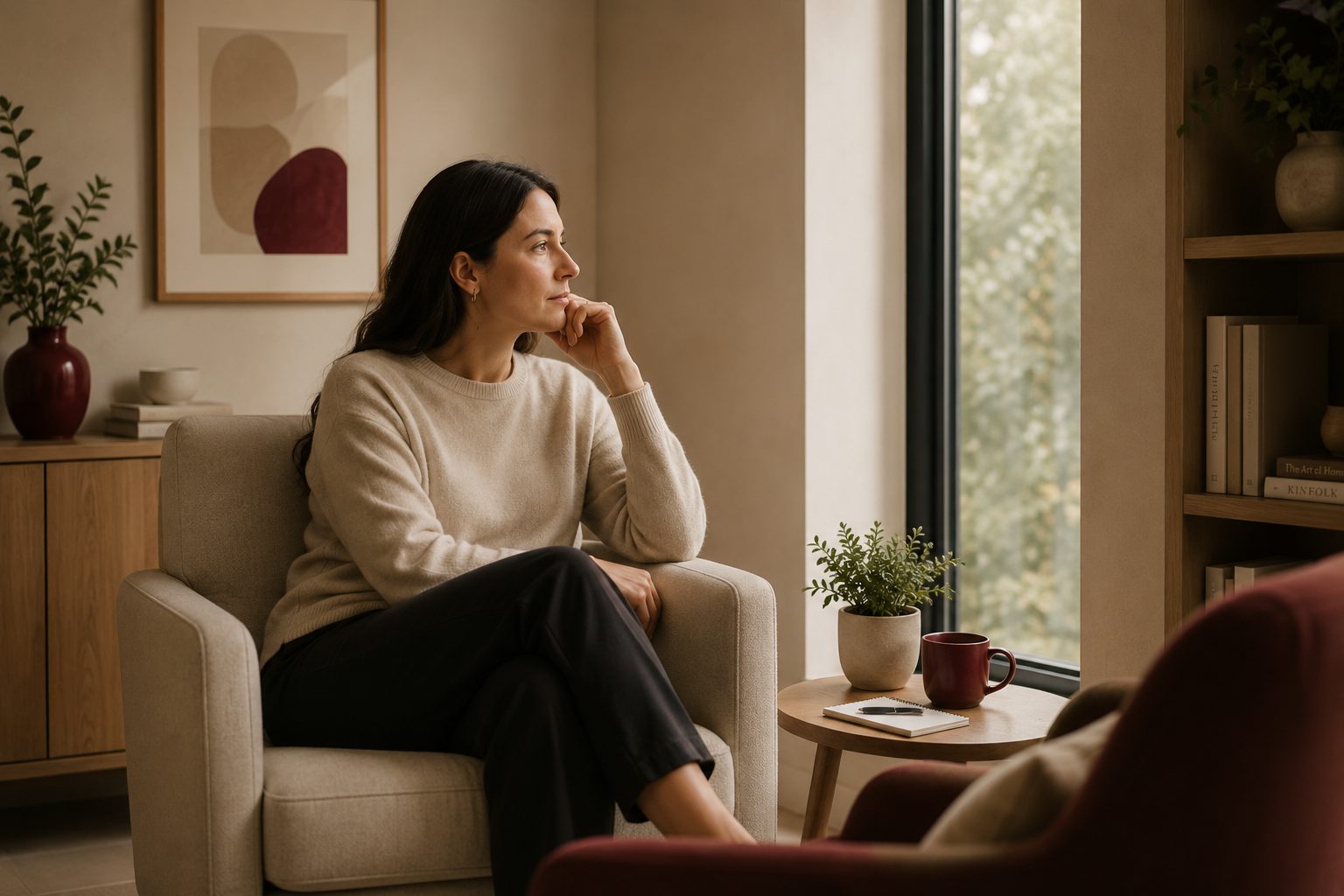 A woman sitting on a beige armchair in a cozy living room, looking thoughtfully out of a large window. There is a small round wooden coffee table with a plant, a red mug, and a notebook. The room has warm lighting, a bookshelf on the right, and abstract art on the wall.