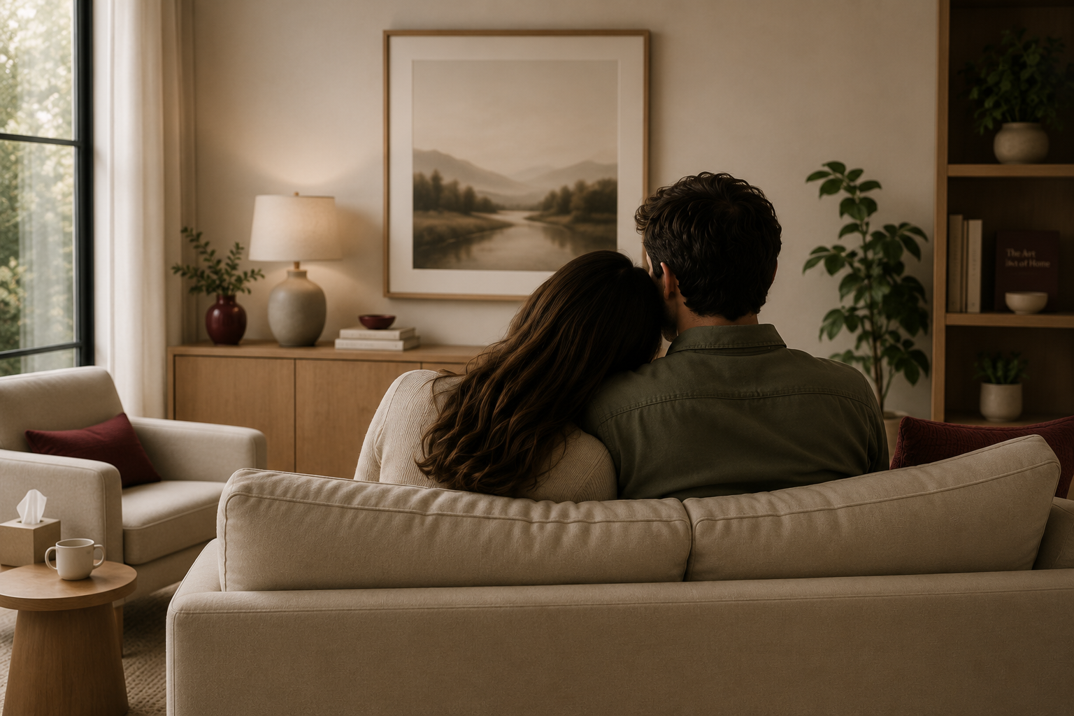A couple sitting on a beige sofa in a living room, with the woman resting her head on the man's shoulder, facing a wall with a framed landscape painting.