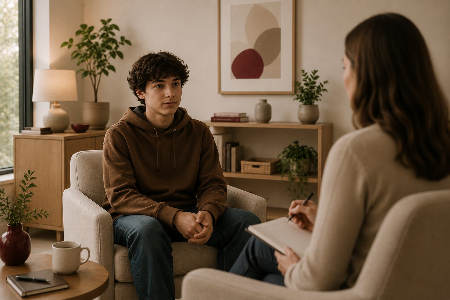 A young man wearing a brown hoodie sitting in a therapy session across from a therapist taking notes in a notebook, in a cozy, well-decorated room with plants, books, and abstract art on the wall.