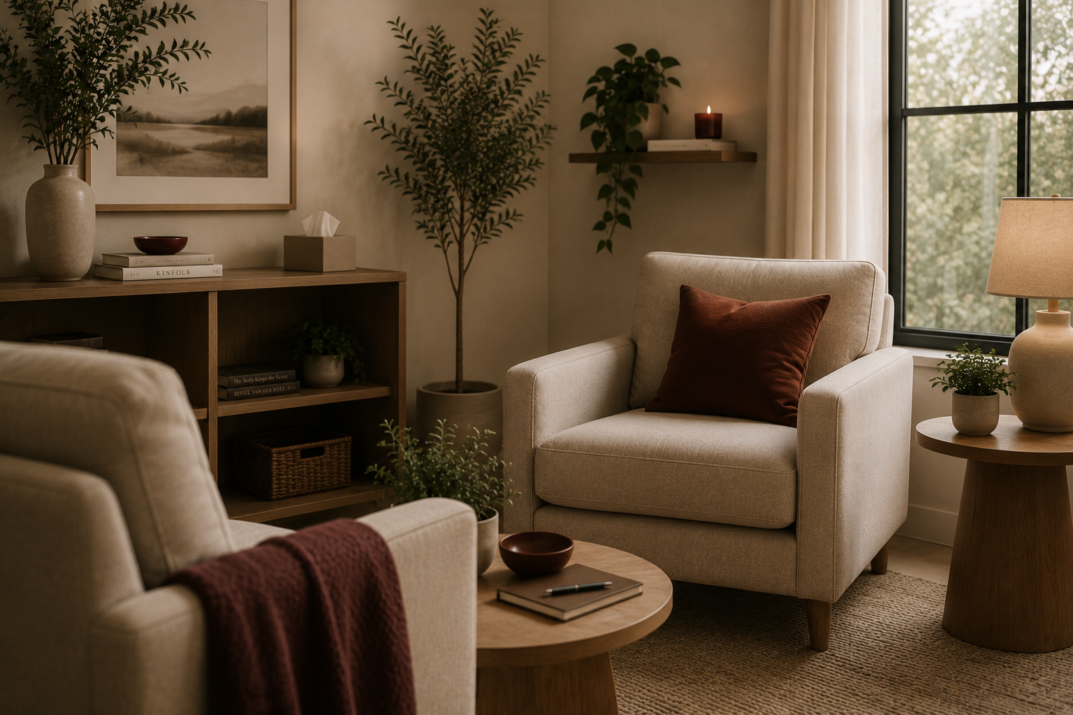 A cozy living room with beige armchairs, a wooden side table with a lamp, green plants, framed artwork, and a window with cream curtains, creating a warm and inviting atmosphere.