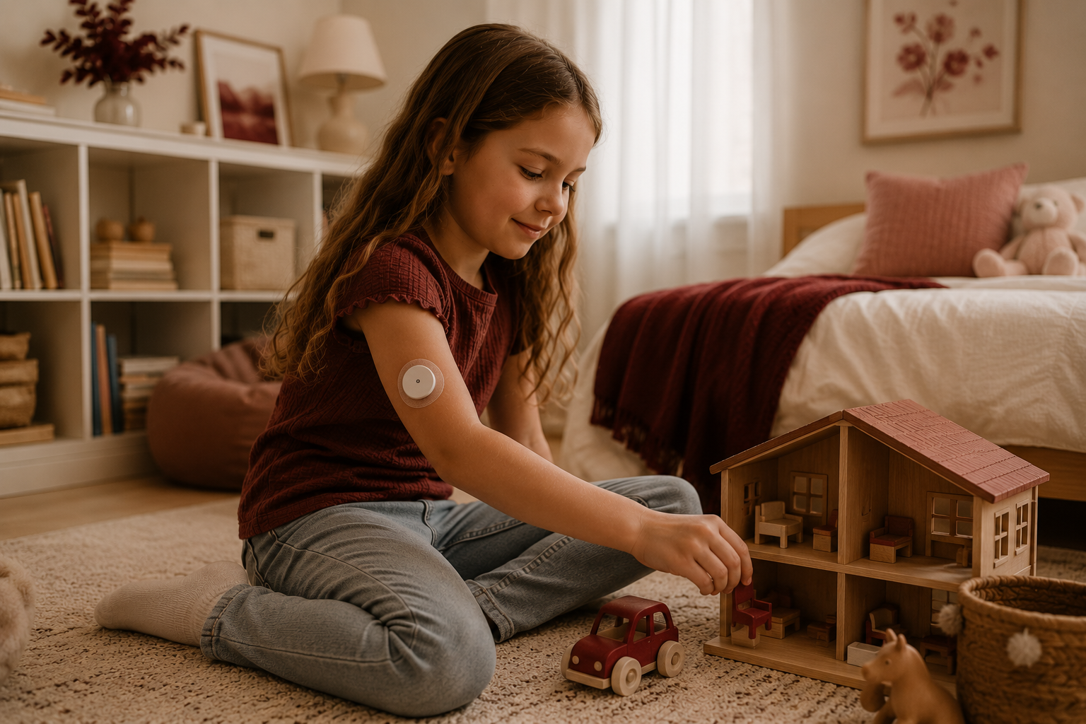 A young girl with a medical patch on her arm playing with a toy car and a wooden dollhouse in her bedroom, sitting on a beige carpet near a bed with pink and cream pillows and a stuffed teddy bear, with a bookshelf, framed pictures, and a lamp in the background.
