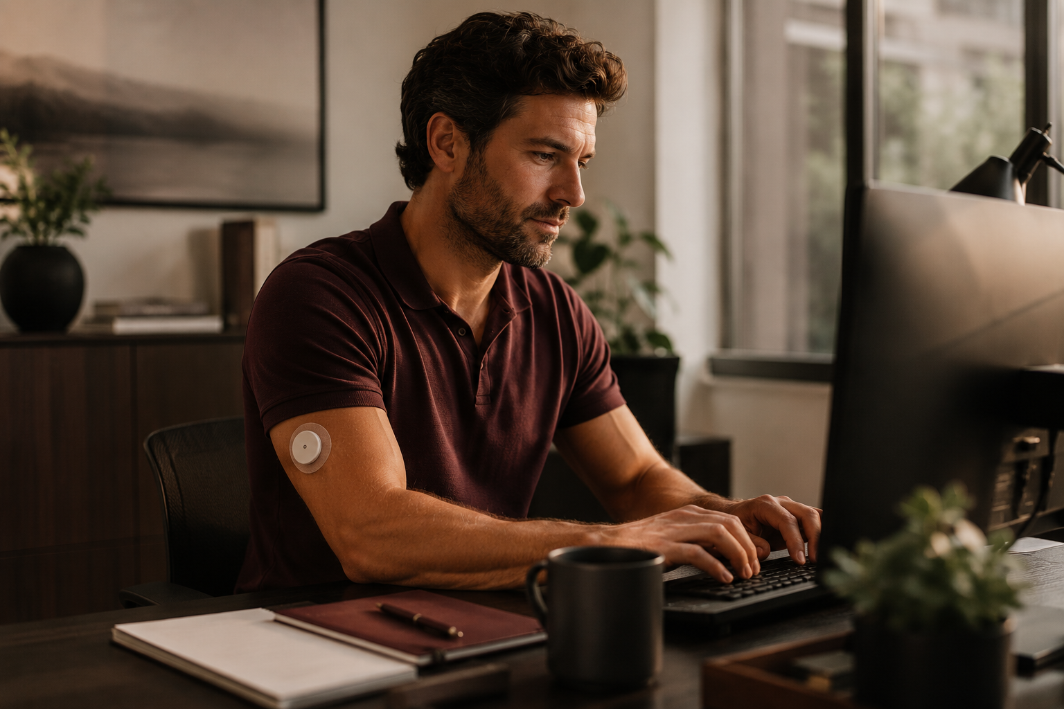 A man with dark hair and a beard working at a desk, wearing a maroon polo shirt with a medical patch on his left arm, in a modern office with plants and a large window.
