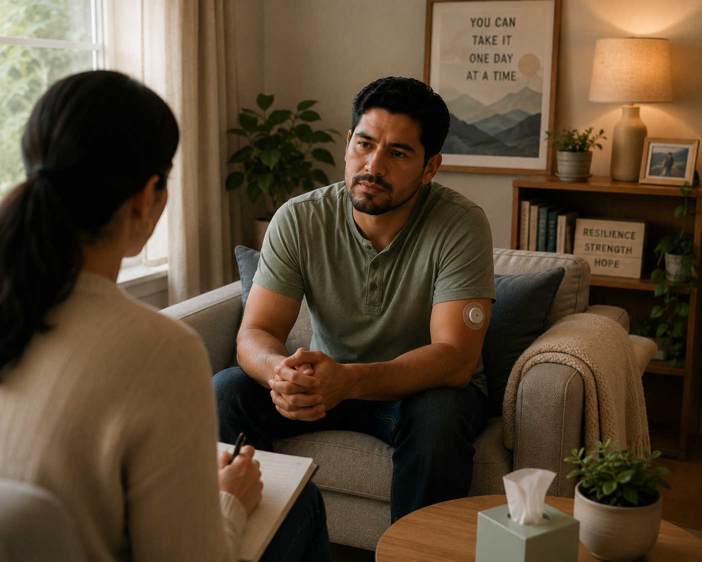 A man sitting on a beige sofa during a therapy session, talking to a female therapist who is taking notes. The man has a patch or device on his upper arm. The room is cozy with a bookshelf, framed pictures, plants, and a motivational poster that reads 'You can take it one day at a time.'