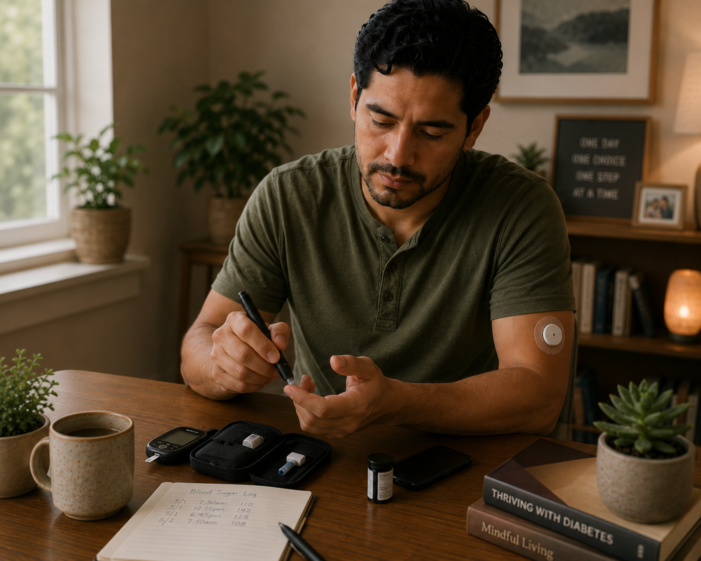 A man sitting at a wooden table with a blood sugar log, a glucometer, and diabetes medication, testing his blood sugar. The man has a patch on his upper arm for insulin or glucose monitoring, and there are books and plants in the background.