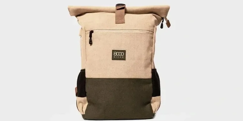 8000 Kicks' Everyday backpacks are made from hemp, which has been used since 8000 BC. Its properties include being anti-bacterial, needing no fertilizers or pesticides and to grow, and it cleans and restores nutrients in the soil. 