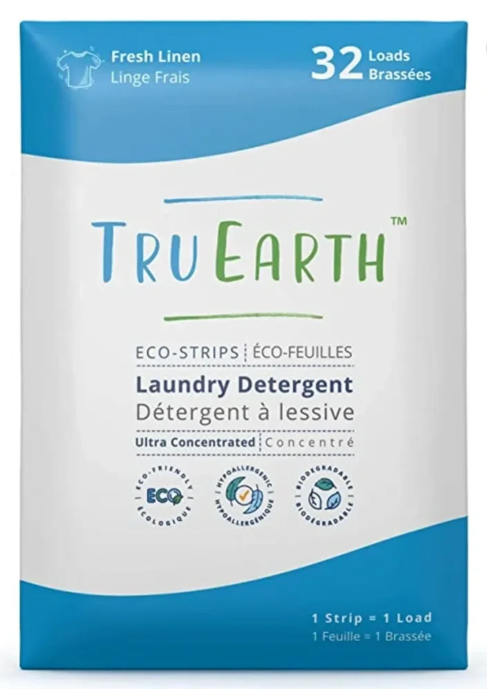 Tru Earth laundry sheets are non-toxic, eco-friendly and much lighter than plastic jugs of liquid detergent. They're biodegradable and better for the environment and for your health. There is no need for plastic jugs of detergent.