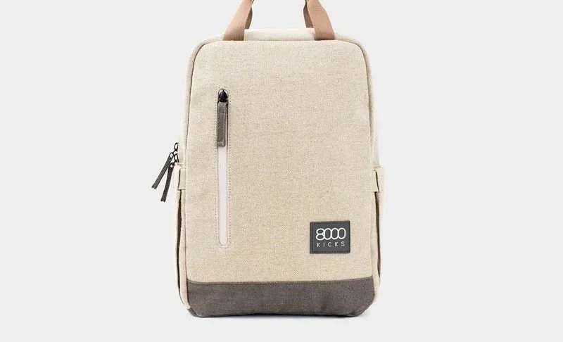 This smaller hemp backpack from 8000 Kicks has all the same great qualities as their larger one, including several compartments. It's a great size for school or work or day trips. Fits a 13"-14" laptop too. The surface is naturally waterproof and the