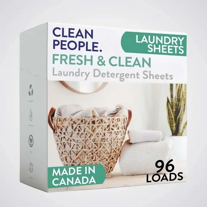Clean People laundry sheets, are packed in a handy closable box that keeps the sheets dry and separated. The sheets  contain no dioxane, no SLS (sodium lauryl sulfate) no SLES (sodium laureth sulfate), no optical brighteners, no parabens, no phosphat