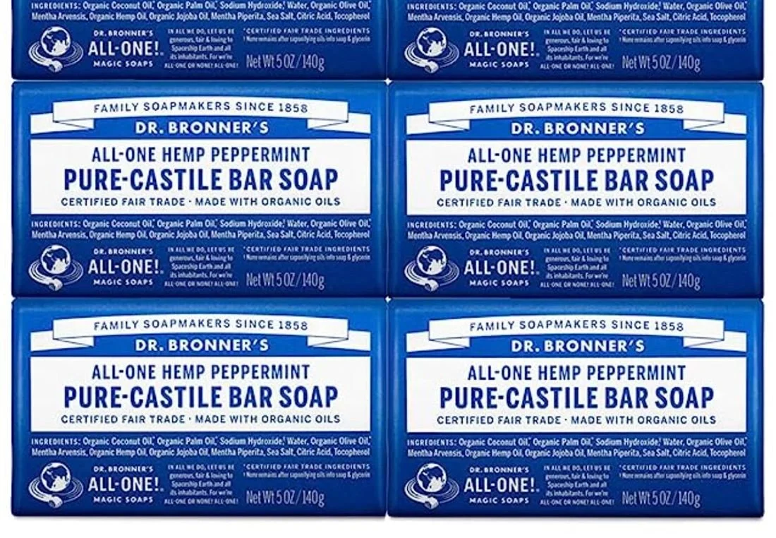 Dr. Bronner's pure castile soap is made with organic oils, is vegan and curelty-free and non-GMO. Can be used for face, body, hair, even hand-washing clothes.  
