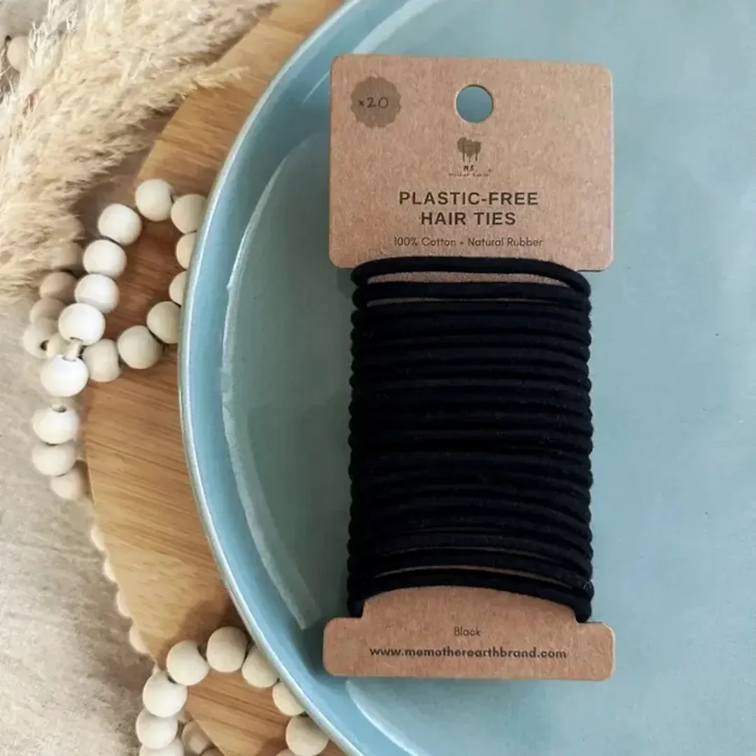 These hair ties, unlike most, are made of cotton and natural rubber. Zero plastic or synthetic (plastic) materials.. They are biodegradable. Hair elastics may be small but an estimated 15 million are thrown away every day and most are plastic. That q