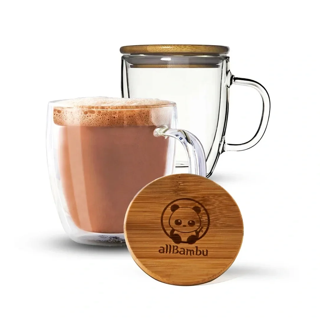 This double-walled glass mug from Earth Shopp keeps beverages hot or cold longer than regular coffee mugs. It has a biodegradable bamboo lid to help prevent spills.Made from high-end borosilicate which makes these glasses thinner, lighter and stronge