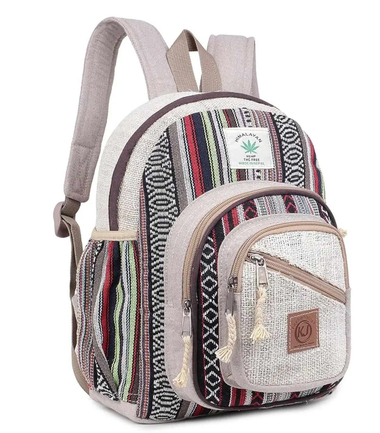 This small backpack is handmade in Nepal of hemp and cotton. It's a Fair Trade product. Great as a day pack and small enough to double as a purse. In addition to the main section, it has two smaller zippered sections in front and two side pockets. 