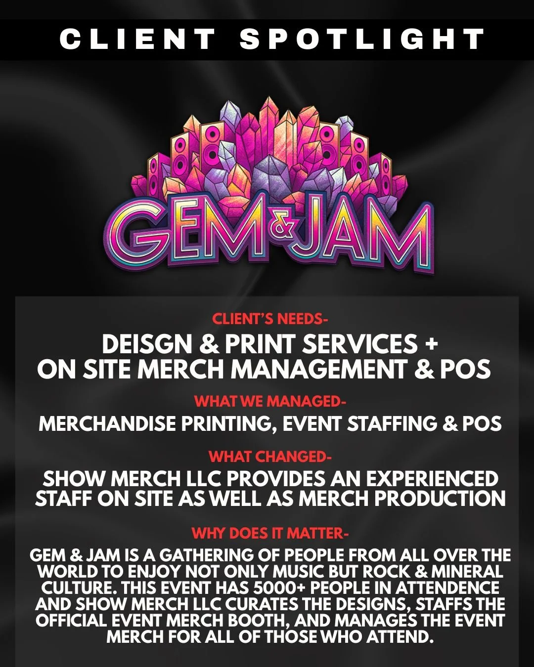 Black background poster for GEM & JAM event with colorful gemstone and speaker graphic, featuring information about client needs, managed services, changes, and event details.