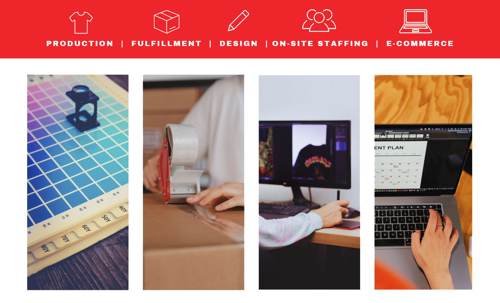Collage of four images showing different work or design-related activities. The first image shows color swatches; the second shows a person taping with a tape dispenser; the third shows a person editing a design on a computer; the fourth shows a person working on a laptop with a calendar on the screen.