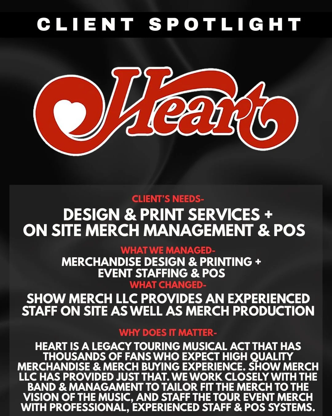 An infographic titled "Client Spotlight" for Show Merck LLC, highlighting their work in merchandise design, printing, event staffing, and POS systems, along with reasons why they matter.