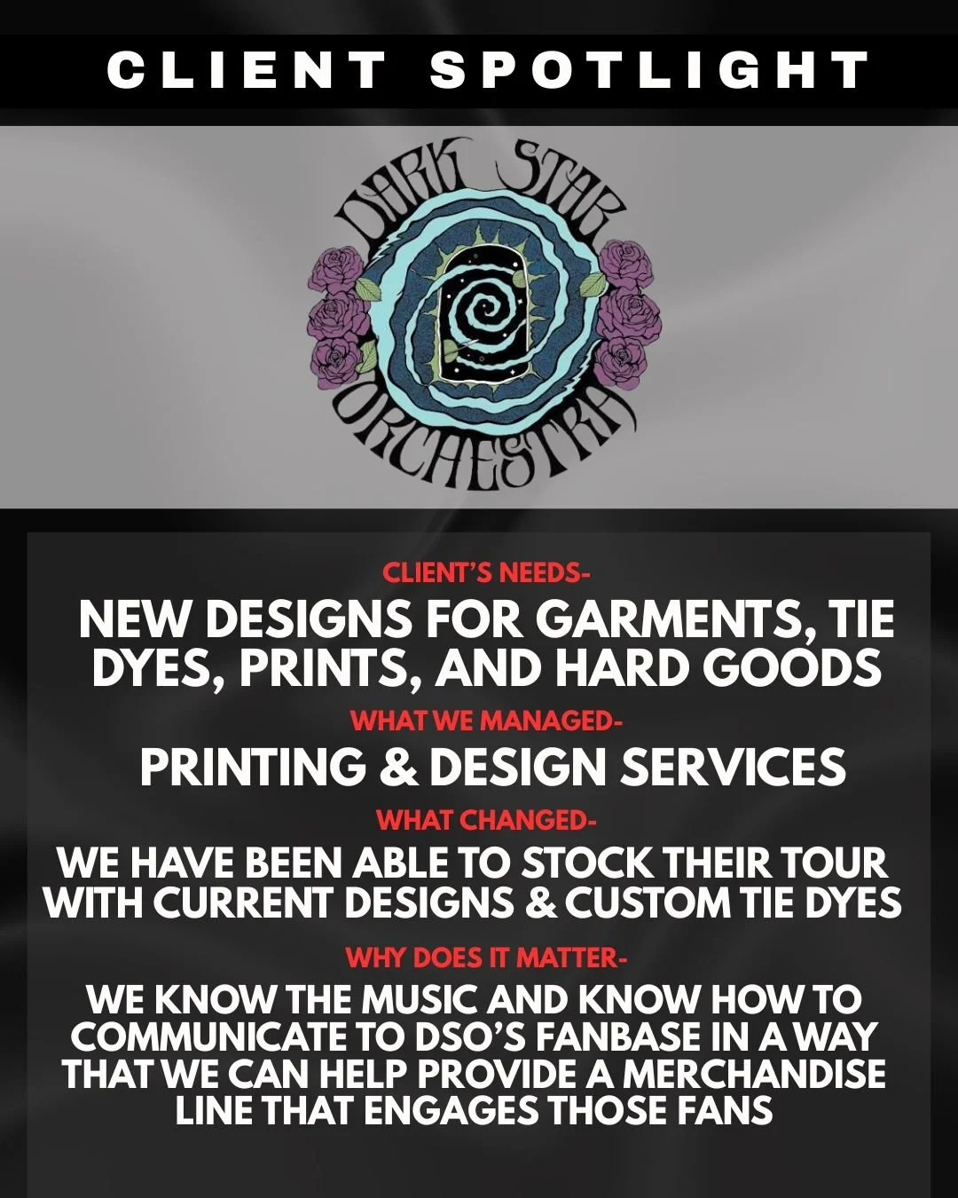 Graphic design poster with the text 'Client Spotlight Dark Starorchid' at the top, a logo featuring a spiral and roses in the center, followed by sections detailing client needs, solutions provided, changes made, and reasons why it matters.