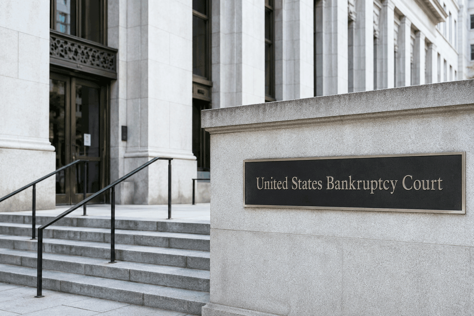 Exterior of the United States Bankruptcy Court building with steps, railing, and a sign on the stone wall.