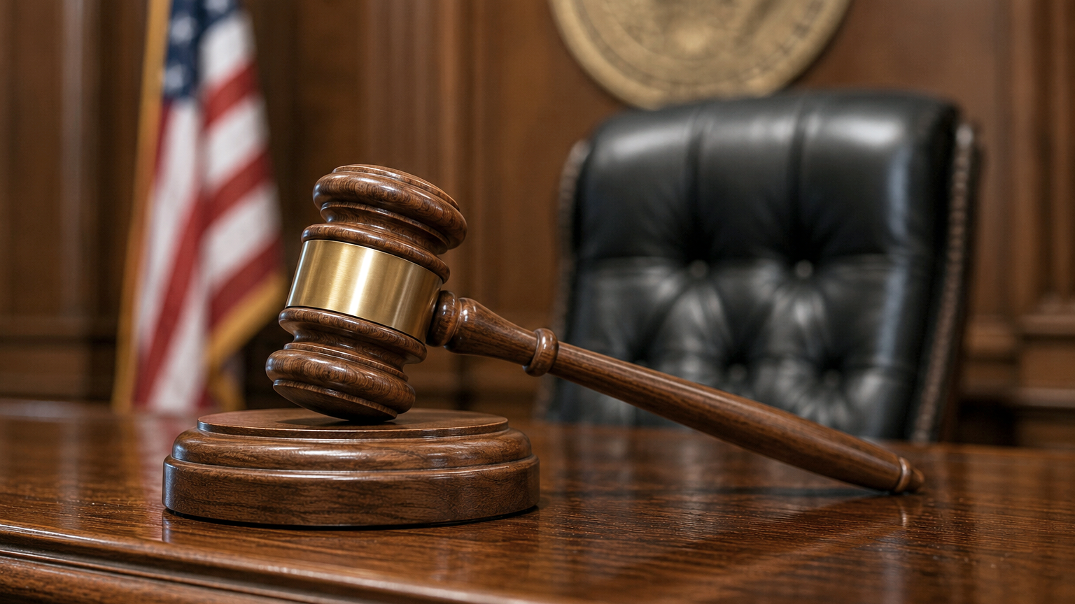 A judge's gavel resting on a wooden desk in a courtroom, with an American flag and courtroom seal in the background.