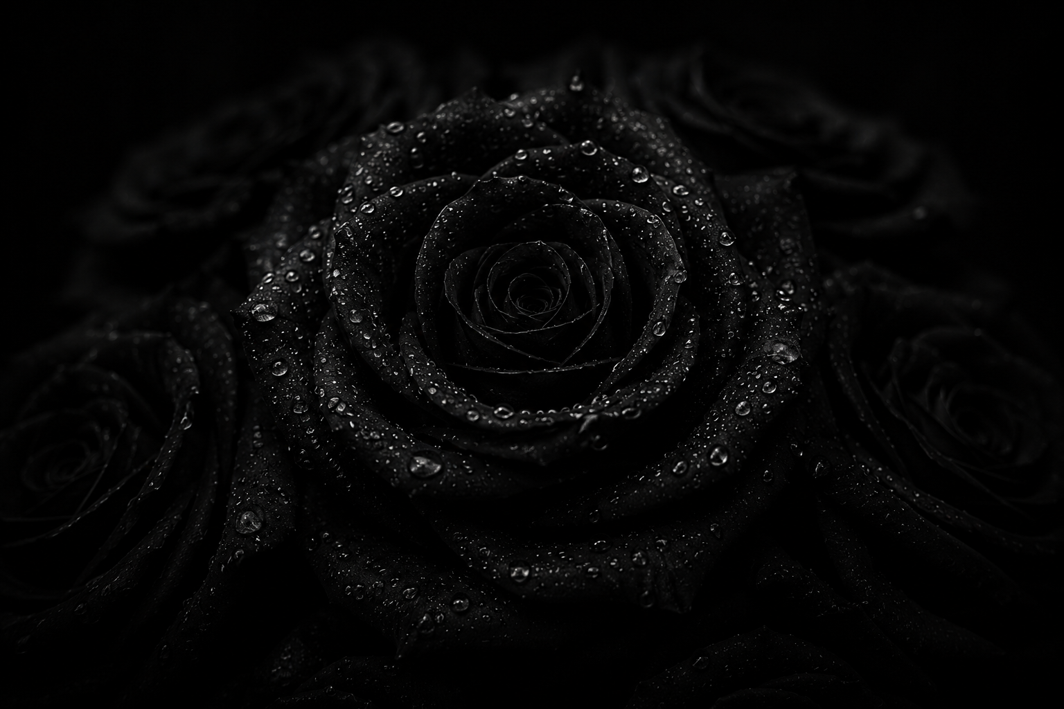Close-up of a black rose with water droplets against a dark background.