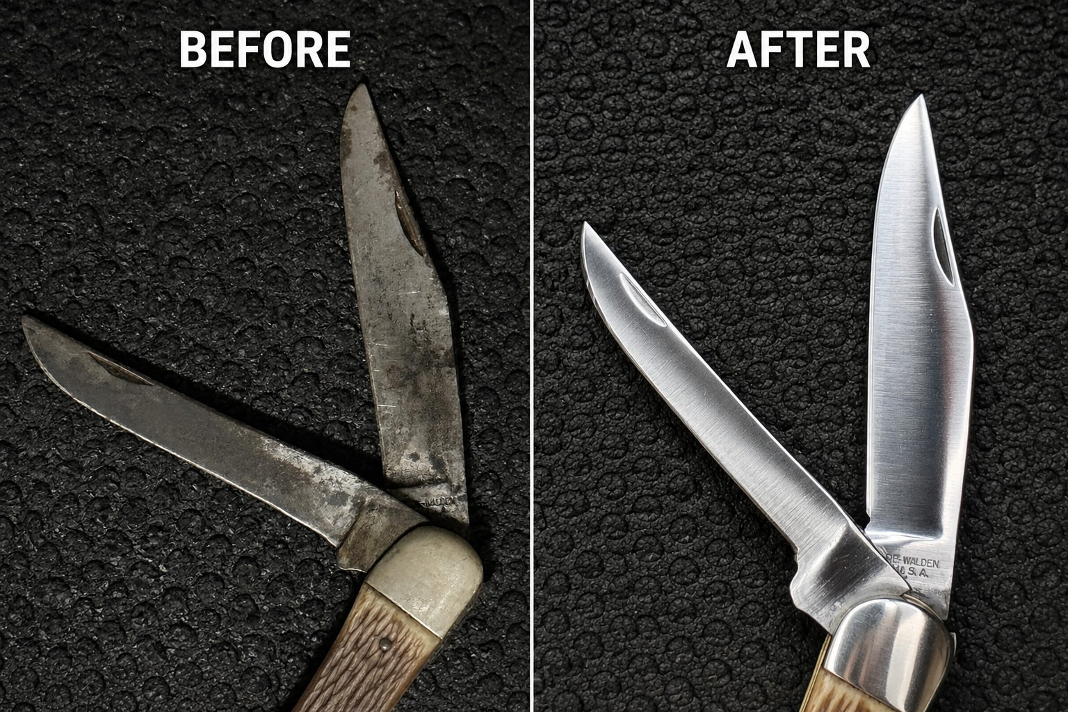 Comparison image showing two knives, one old and rusty on the left labeled 'BEFORE' and a new, shiny one on the right labeled 'AFTER'.