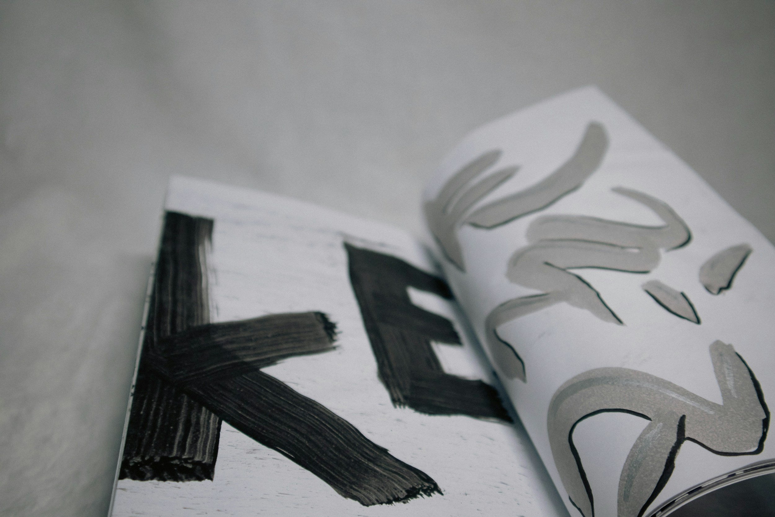 Close-up of a black and white abstract design featuring bold brush strokes and leaf-like shapes on a white background.