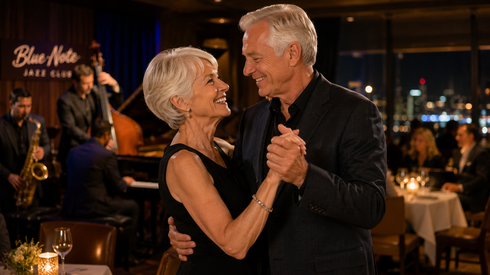 active retired couple dancing together