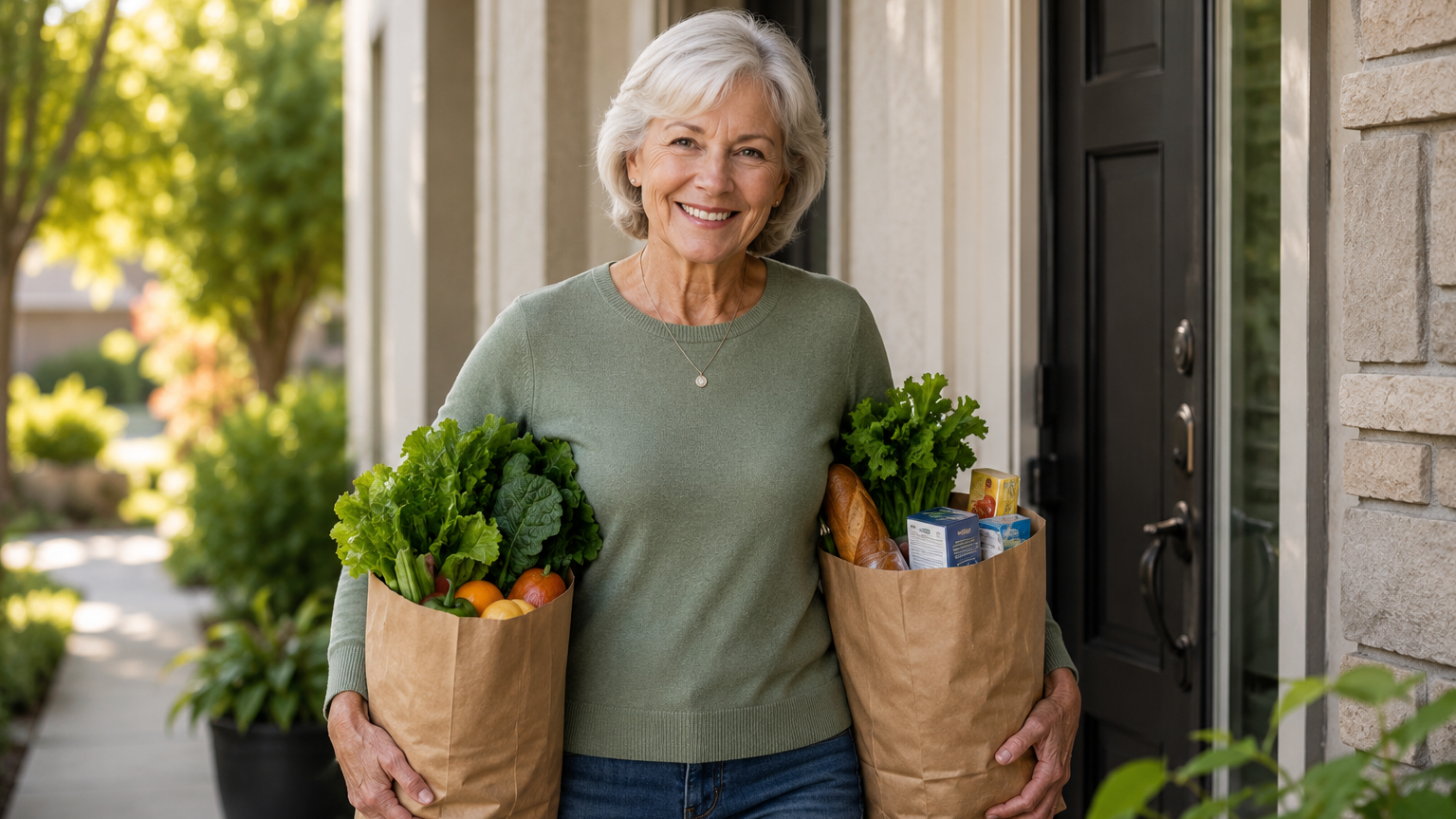 older woman carrying groceries independently after strength training