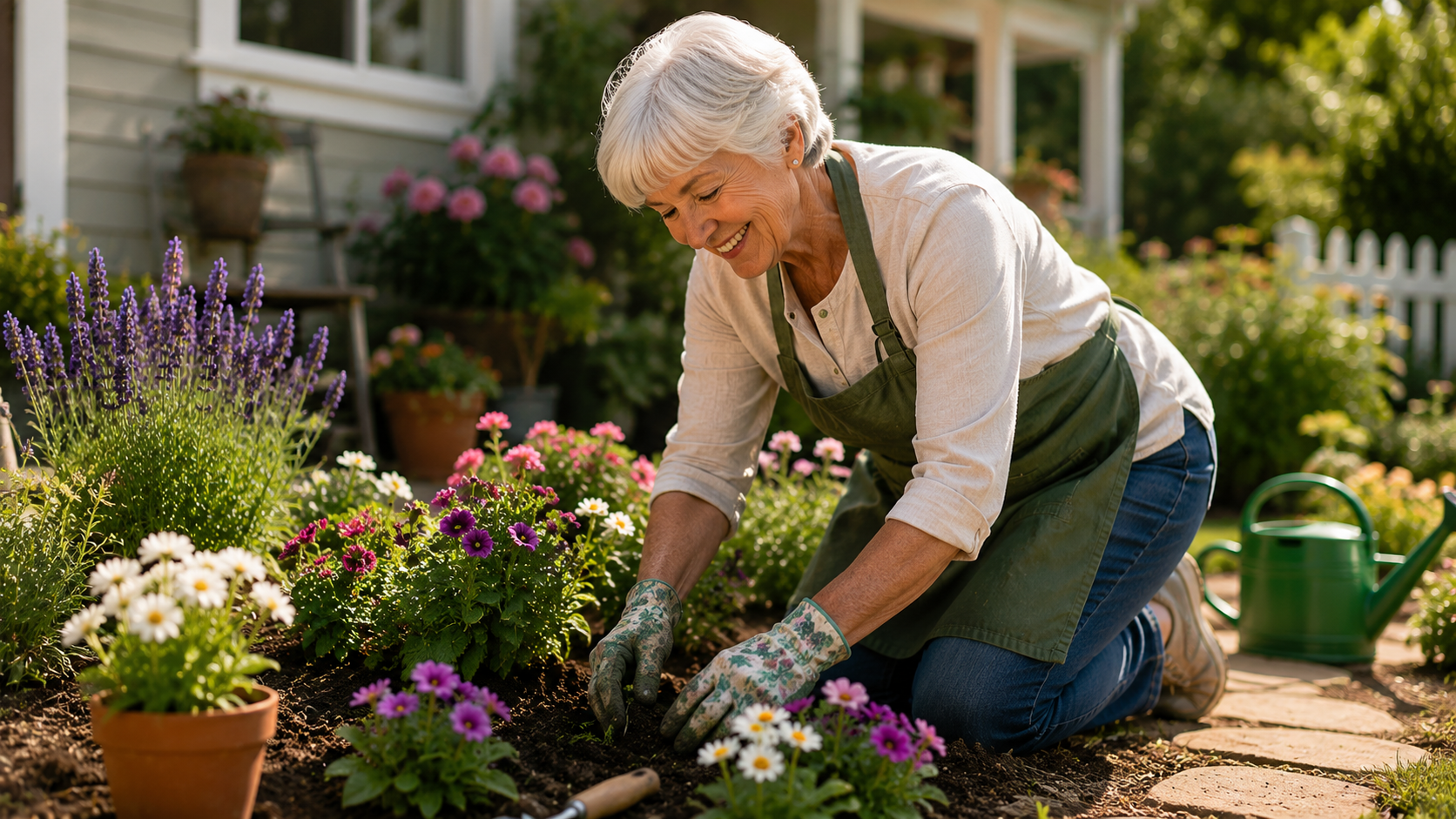 older woman gardening confidently at home
