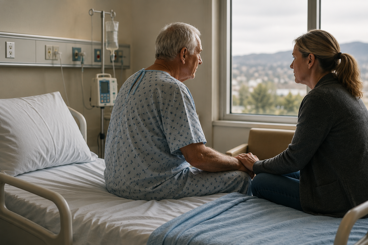 older man in hospital with daughter after serious illness, illustrating the importance of maintaining strength and independence