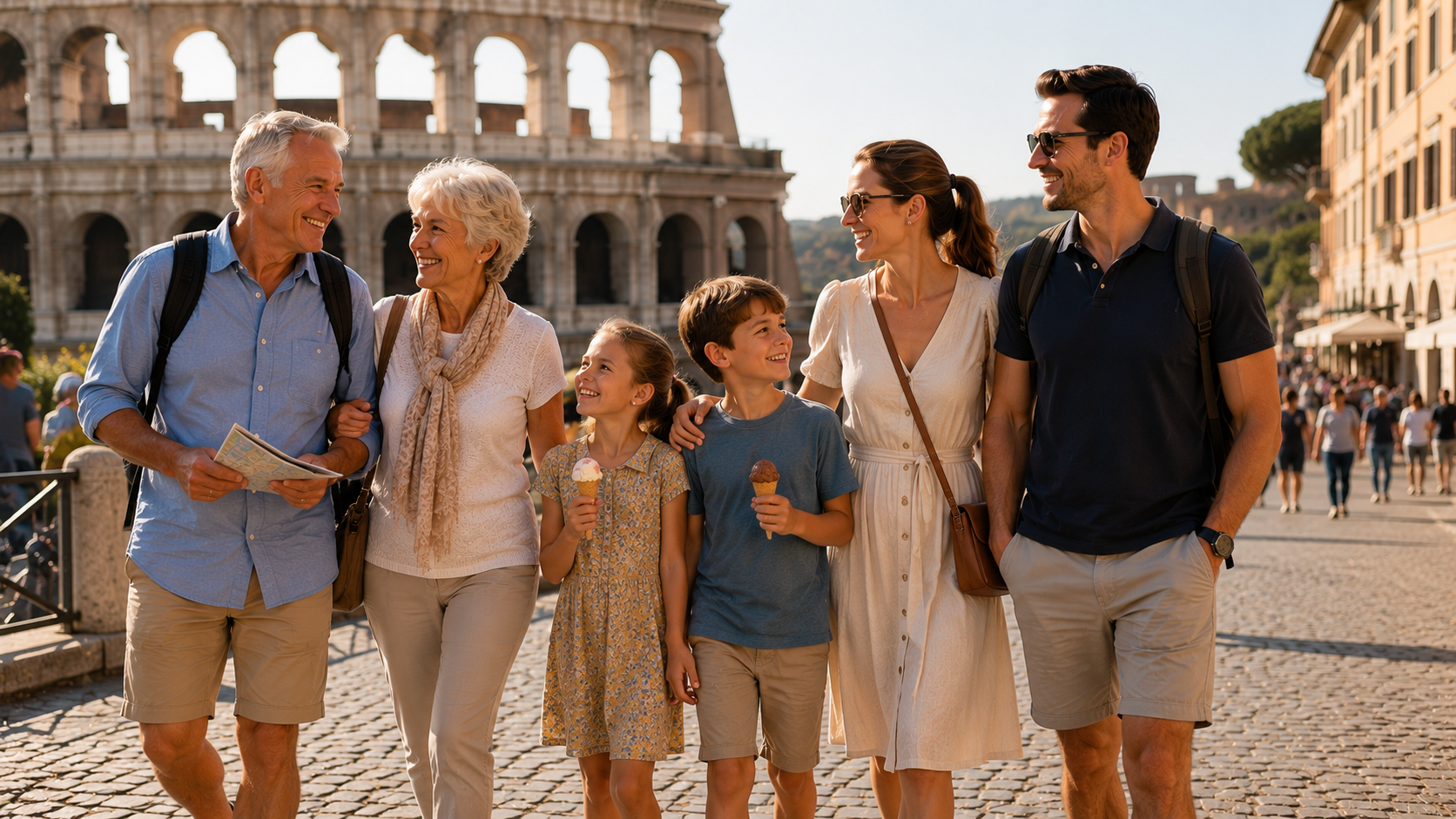 Active grandparents traveling with their family in Europe, enjoying the freedom that comes from staying strong, mobile, and independent.