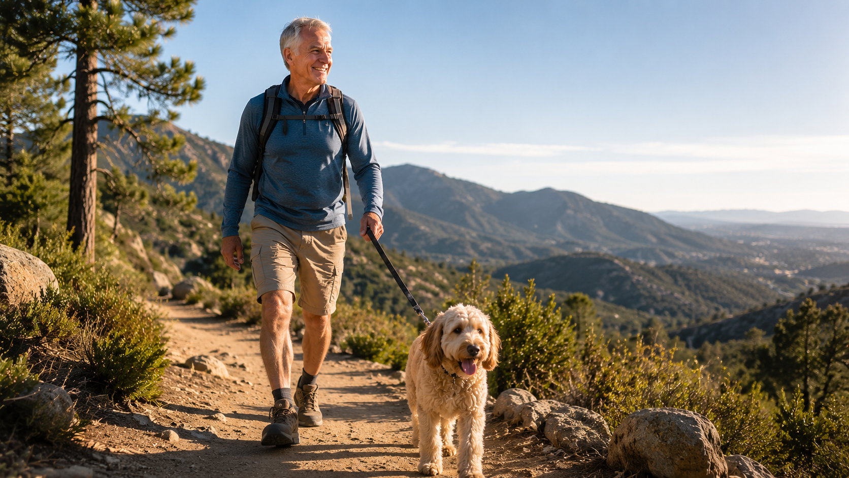 older man hiking with dog demonstrating strength, mobility, and balance