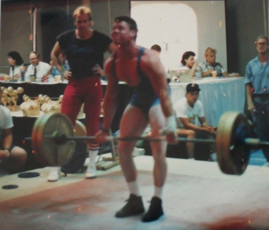 Former collegiate powerlifting champion Geoff Meed, reflecting decades of strength training experience.