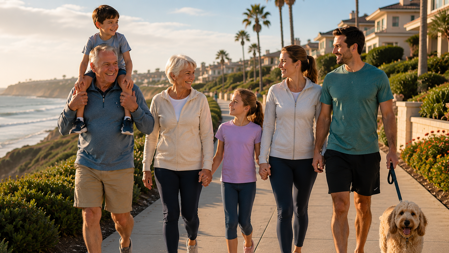 Active multi-generational family walking together along the beach in Huntington Beach, representing healthy aging, strength, mobility, and independence.