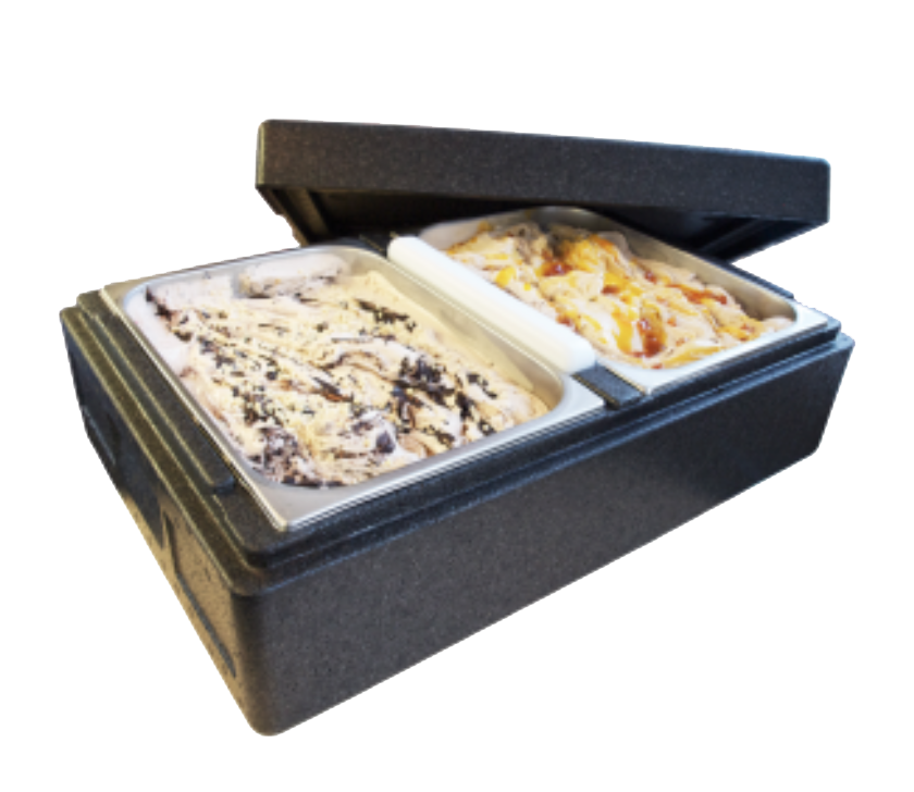 An insulated ice cream container used to keep ice cream cold during catering events.