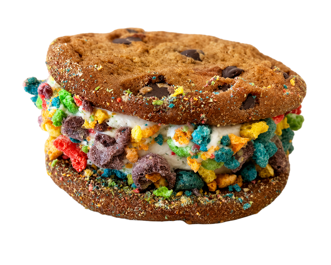 Chocolate chip cookie ice cream sandwich rolled in colorful fruity cereal pieces.