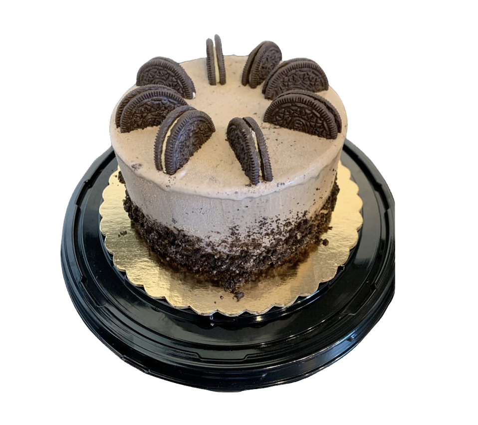 Round Oreo ice cream cake decorated with Oreo cookies.