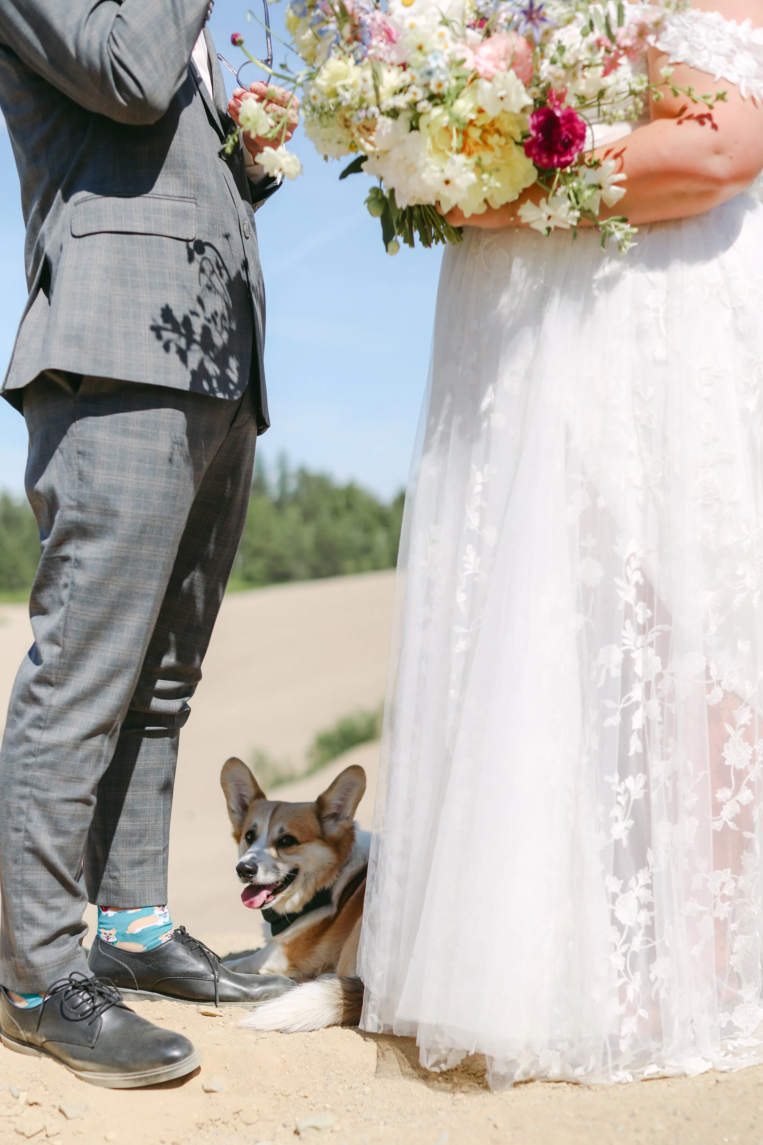 A wedding ceremony taking place outdoors with a man and woman standing close. The man is wearing a gray suit and colorful socks, and holding glasses, while the woman is in a white lace wedding dress holding a large bouquet of flowers. A corgi dog is lying on the ground between them, looking up with its tongue out.