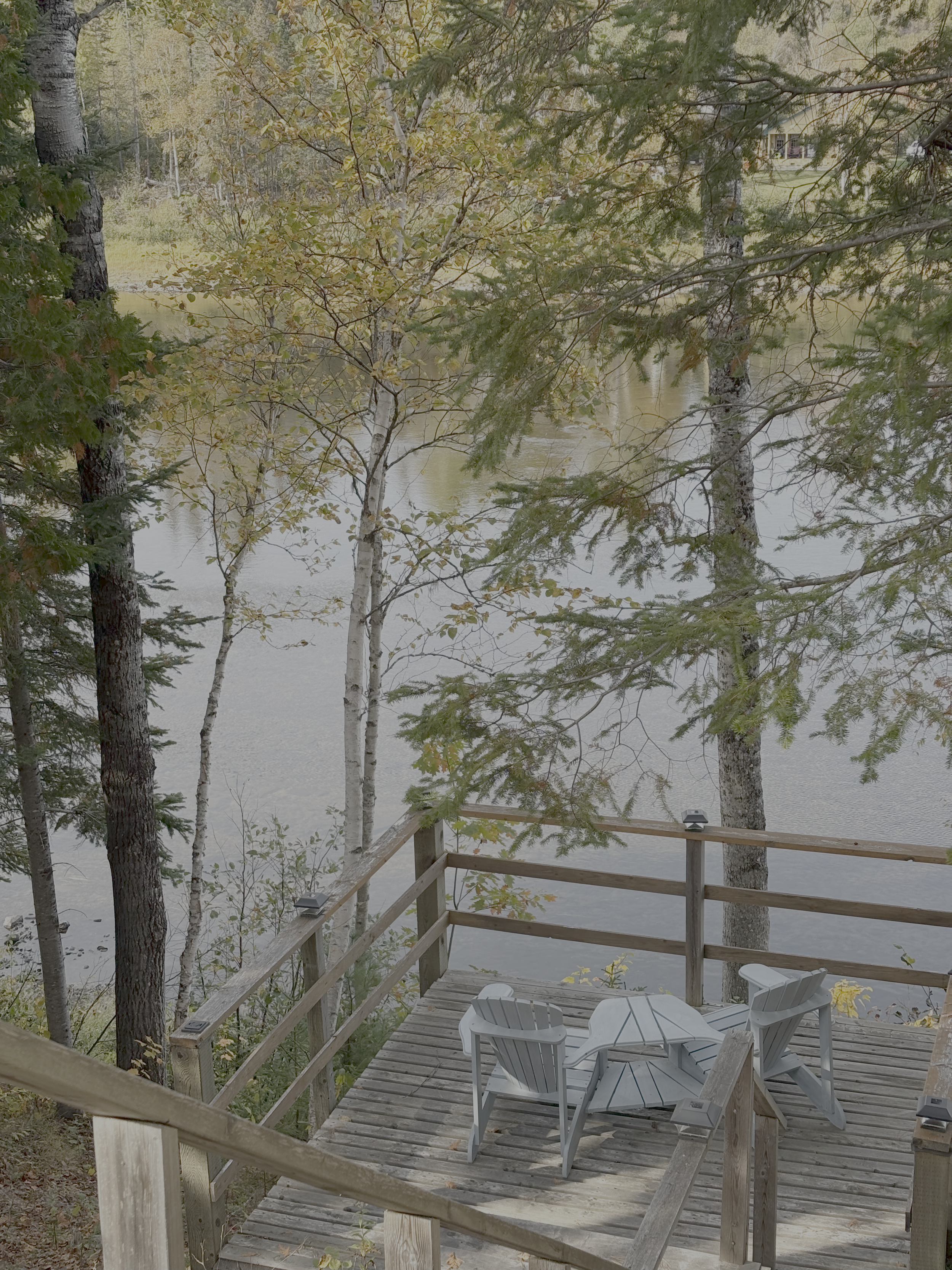 A wooden deck overlooking a body of water with trees and a house in the background on a cloudy day.