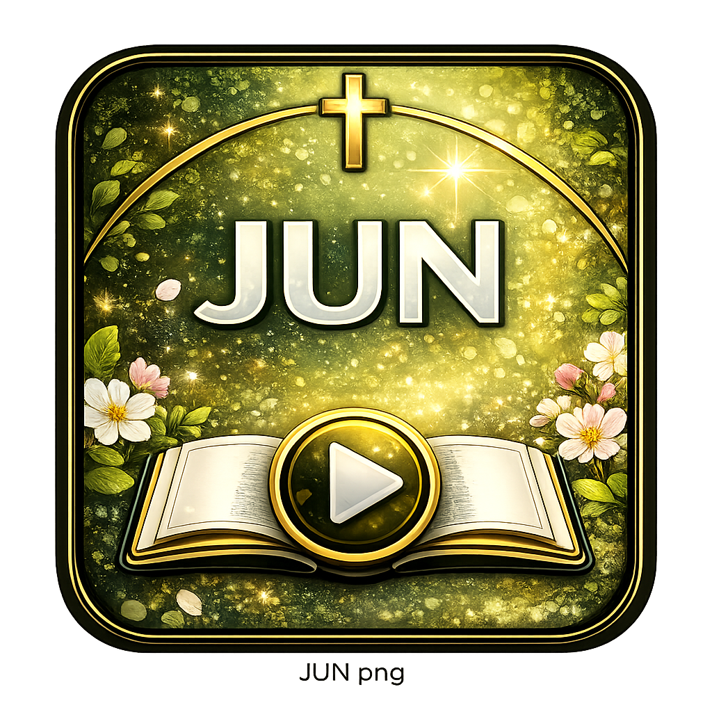 A decorative digital icon for June featuring a cross at the top, an open book at the bottom, pink and white flowers on either side, golden sparkles, and a play button in the center.