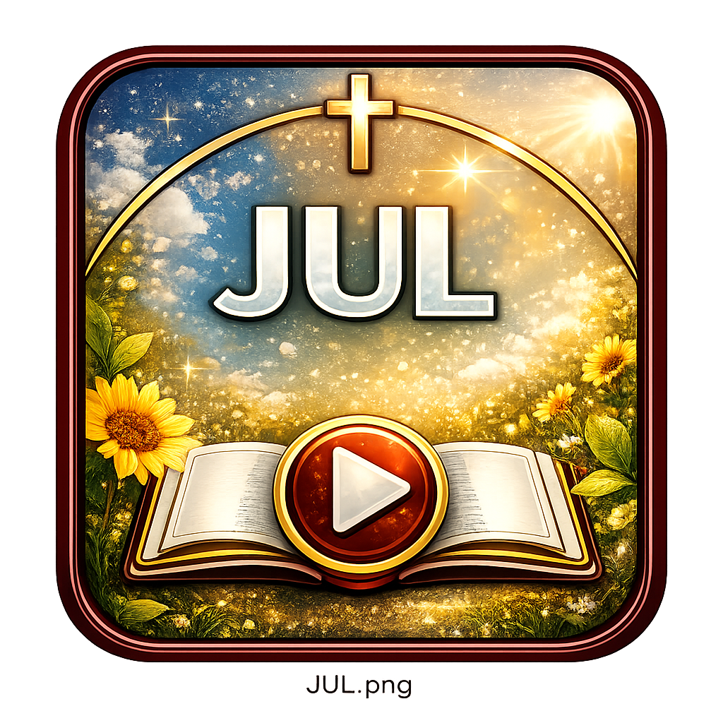 A decorative icon for July featuring a sun, flowers, an open book, a play button, and a cross at the top, with a cosmic background.