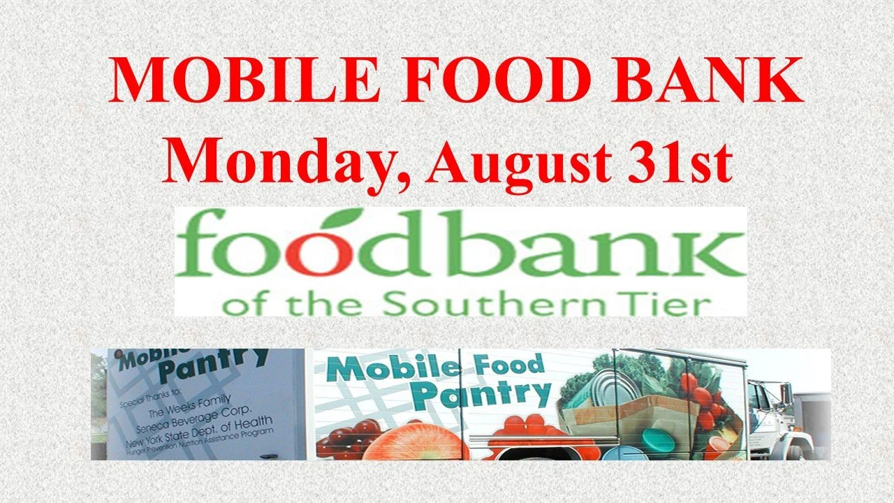 Flyer announcing a mobile food bank event on Monday, August 31st, organized by a local food bank, with images of food and a truck.